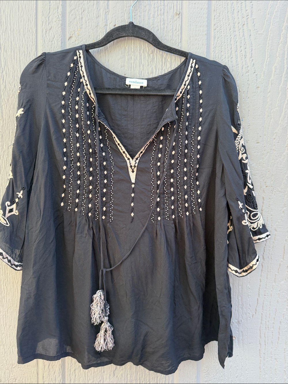 Sundance Black Embroidered Peasant Top Size: S